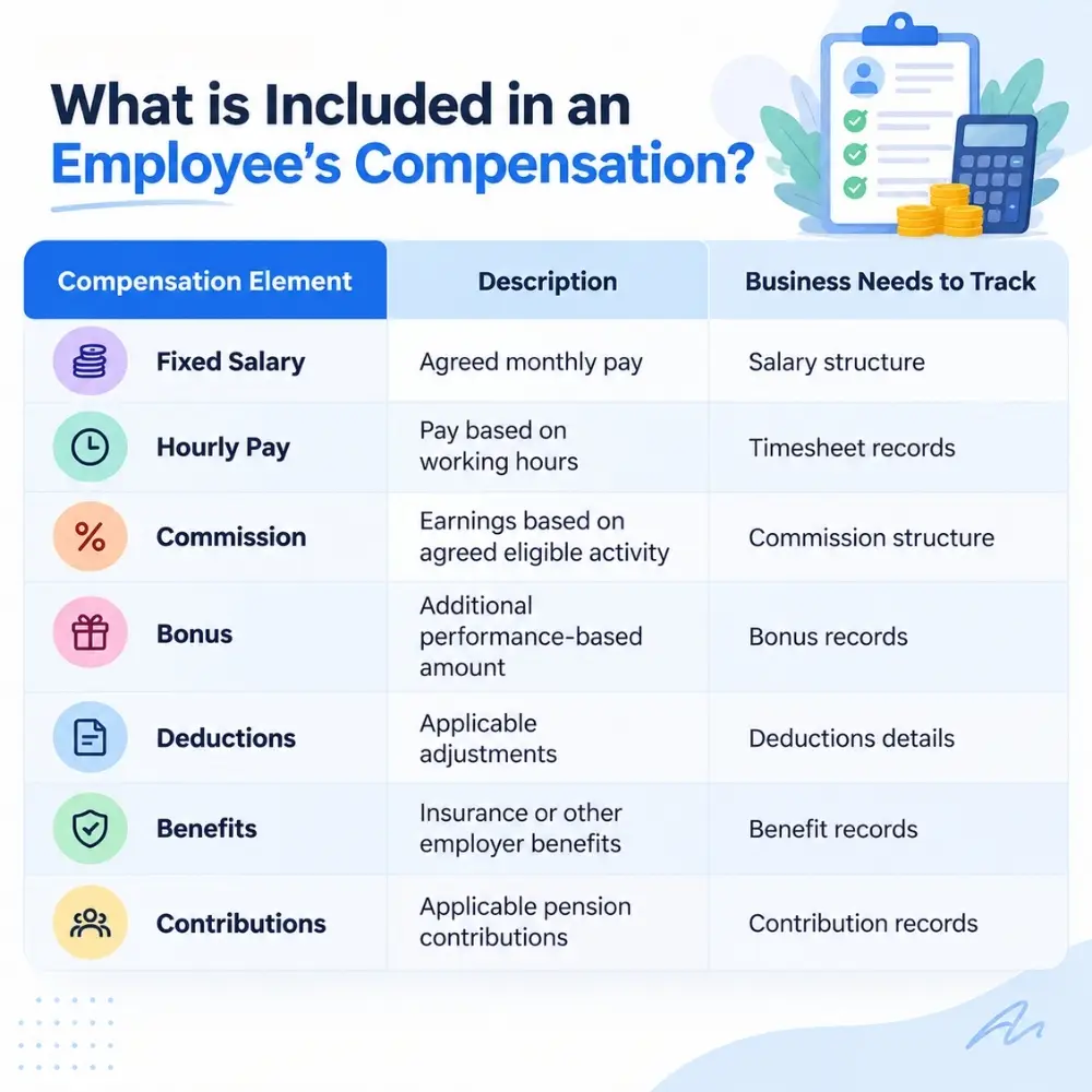 Employee compensation software organizing salary, hourly pay, commission, bonuses, deductions, benefits and contributions