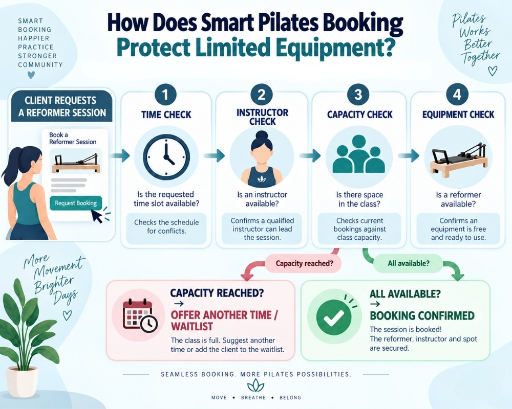 Pilates booking workflow checking time, instructor, class capacity and equipment before confirming a reservation