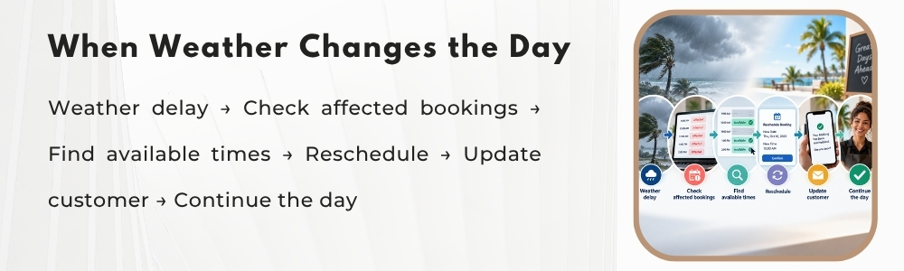 Weather-delay booking flow showing affected appointments, new times, customer updates and confirmation